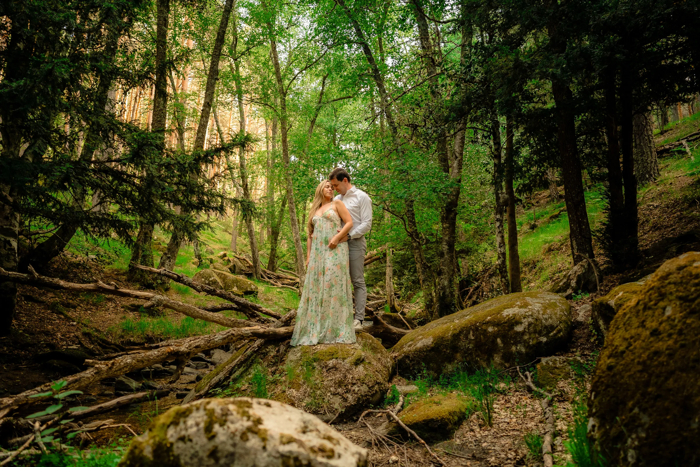Couple embracing in a forest beside a stream