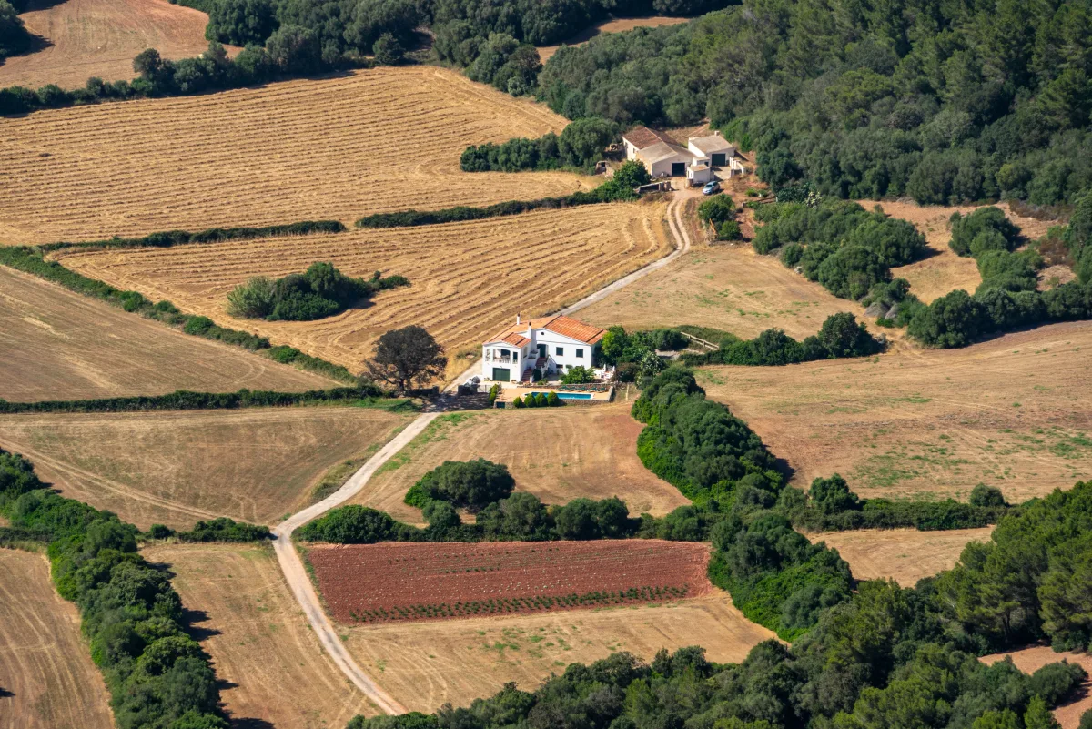 Golden fields seen from the air, with two white houses among trees and a dirt track